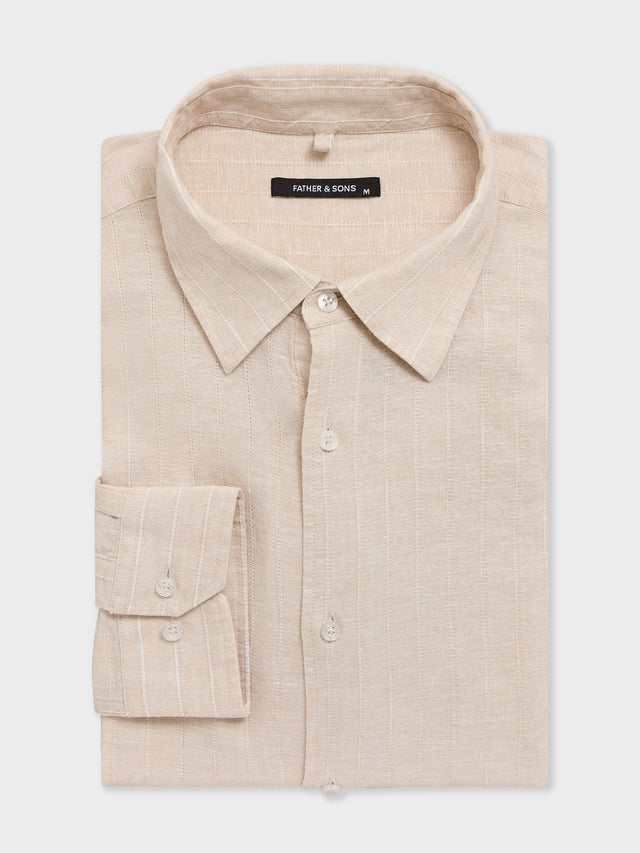 Chemise slim en lin et coton beiges à rayures
