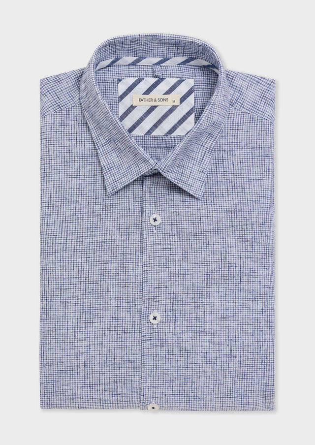 Chemise sport Slim en popeline de coton mélangé blanc à carreaux bleu jeans