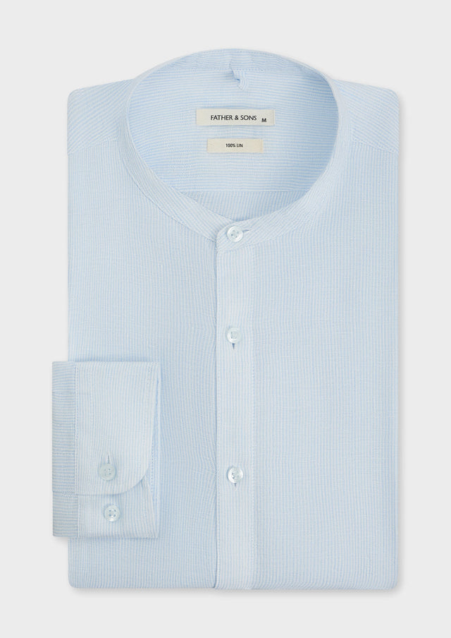 Chemise Slim en lin bleu ciel à rayures à col officier