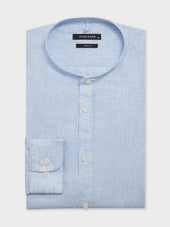 Chemise slim en lin bleu ciel à col officier