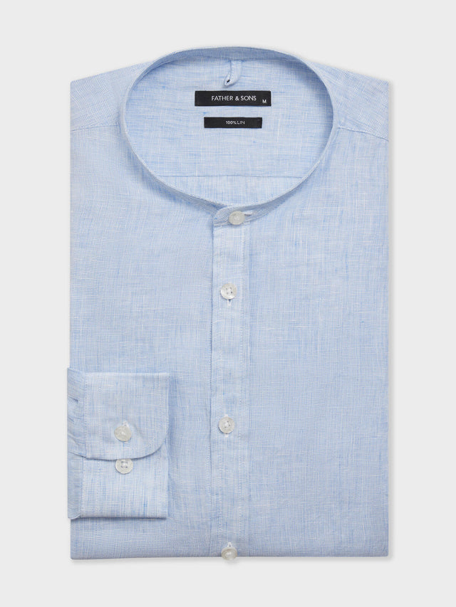 Chemise slim en lin bleu ciel à col officier