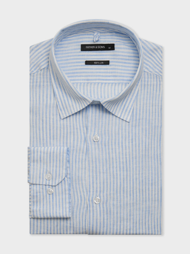 Chemise slim en lin à rayures bleu ciel