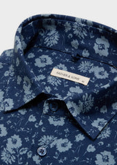 Chemise Sport Slim En Lin Et Coton Bleu Marine Motif Fleuri Bleu