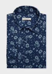 Chemise sport Slim en lin et coton bleu marine à motif fleuri bleu
