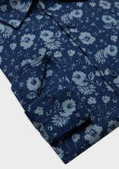 Chemise Sport Slim En Lin Et Coton Bleu Marine Motif Fleuri Bleu