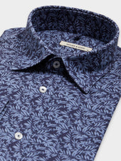 Chemise Slim En Lin Et Coton Bleu Indigo Motif
