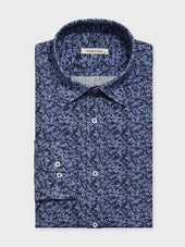 Chemise Slim en lin et coton bleu indigo à motif