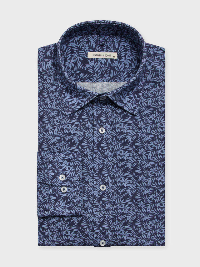Chemise Slim en lin et coton bleu indigo à motif