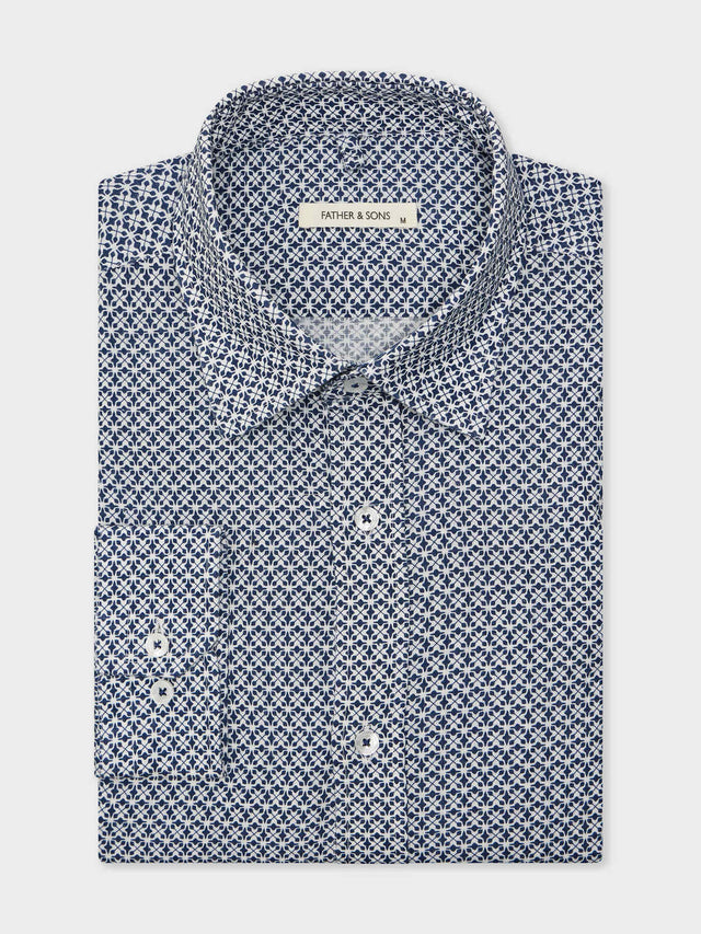 Chemise Slim en lin et coton à motif bleu indigo