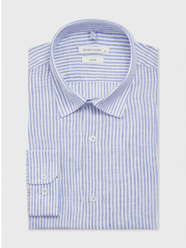 Chemise slim en lin bleu indigo à rayures