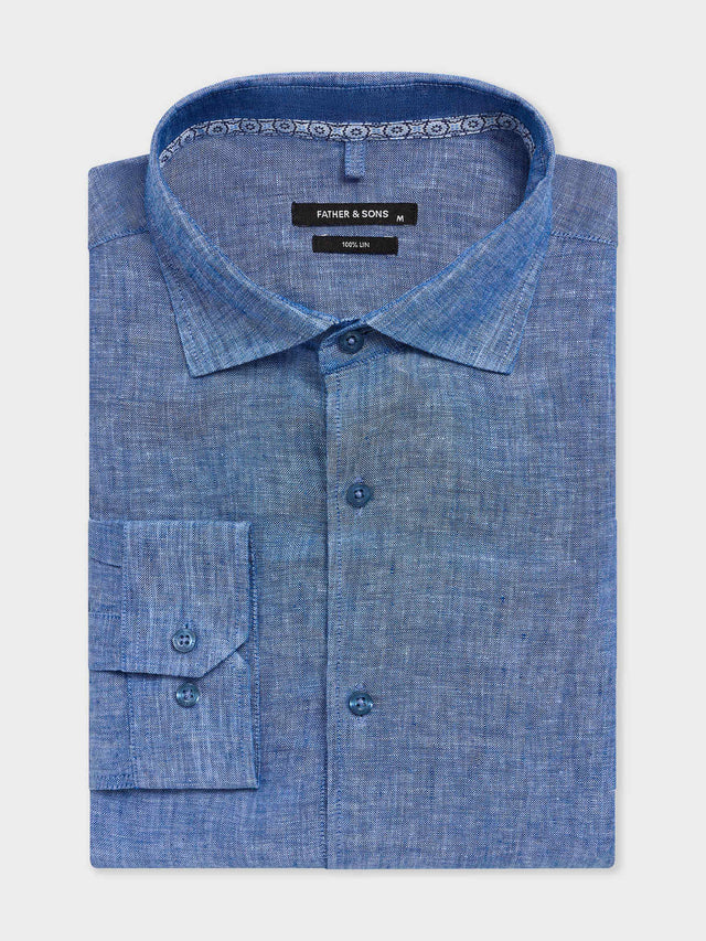 Chemise slim en lin bleu jeans