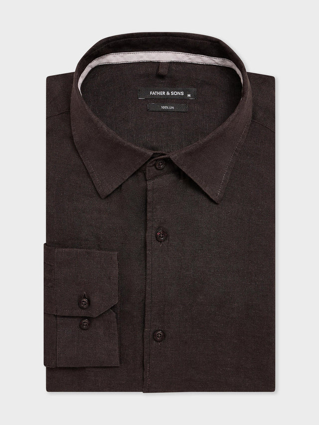 Chemise slim en lin marron foncé