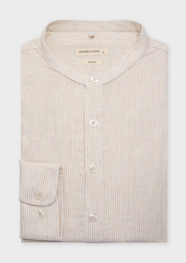 Chemise sport Slim en lin blanc à rayures beiges à col officier