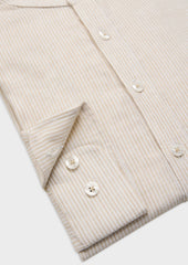 Chemise Sport Slim En Lin Blanc Rayures Beiges Col Officier