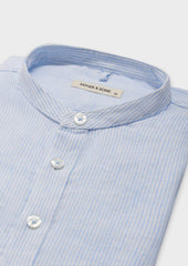 Chemise Sport Slim En Lin M Lang Blanc Rayures Bleu Ciel Col Officier