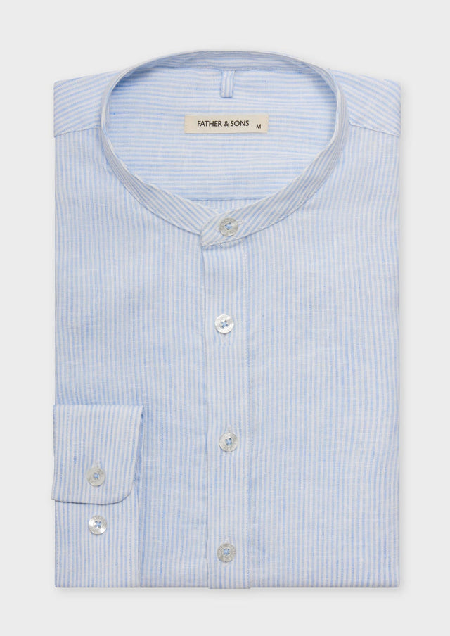 Chemise sport Slim en lin mélangé blanc à rayures bleu ciel à col officier