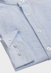 Chemise Sport Slim En Lin M Lang Blanc Rayures Bleu Ciel Col Officier