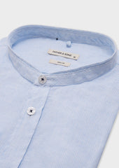 Chemise Sport Slim En Lin Blanc Rayures Bleu Ciel Col Officier