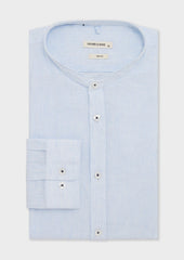 Chemise sport Slim en lin blanc à rayures bleu ciel à col officier