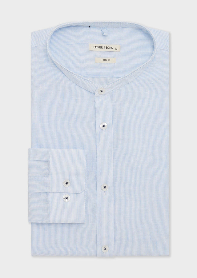 Chemise sport Slim en lin blanc à rayures bleu ciel à col officier