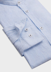 Chemise Sport Slim En Lin Blanc Rayures Bleu Ciel Col Officier