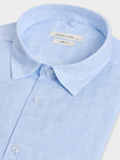 Chemise Sport Slim En Lin Bleu Ciel Carreaux Blancs