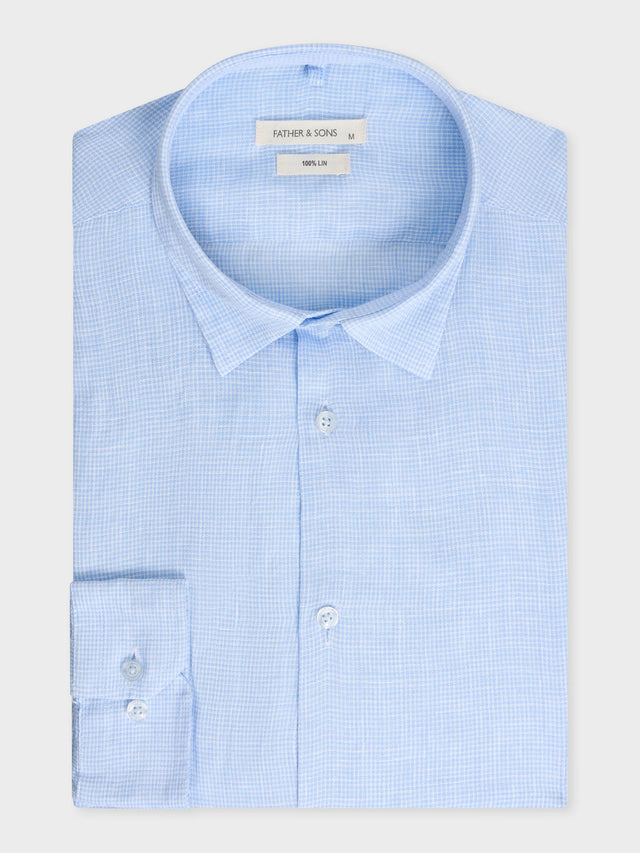 Chemise sport Slim en lin bleu ciel à carreaux blancs
