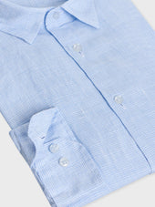 Chemise Sport Slim En Lin Bleu Ciel Carreaux Blancs