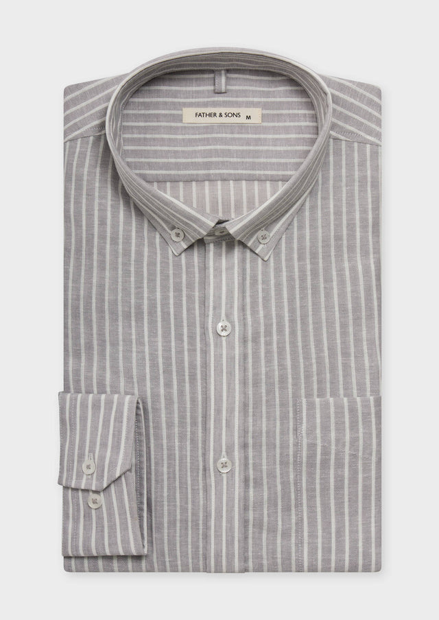 Chemise sport Slim en lin et coton gris à rayures blanches