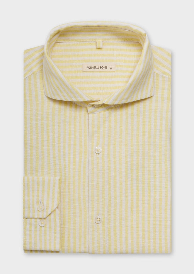 Chemise sport Slim en lin et coton blancs à rayures jaunes