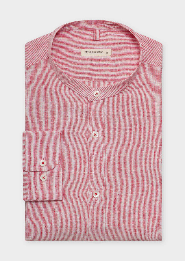 Chemise sport Slim en lin et coton blancs à rayures rouges à col officier