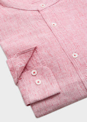 Chemise Sport Slim En Lin Et Coton Blancs Rayures Rouges Col Officier
