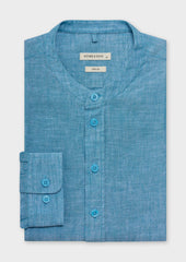 Chemise sport Slim en lin uni bleu turquin à col officier
