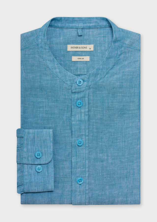 Chemise sport Slim en lin uni bleu turquin à col officier