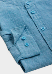 Chemise Sport Slim En Lin Uni Bleu Turquin Col Officier