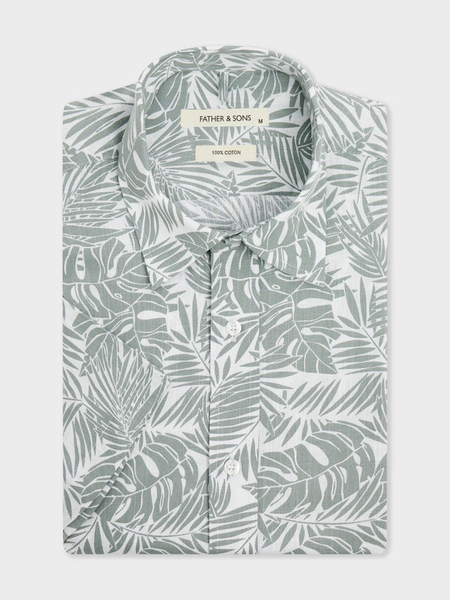 Chemise manches courtes Slim en popeline de coton à motif fleuri kaki