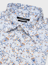 Chemise Manches Courtes Regular En Popeline De Coton Motif Fleuri Bleu