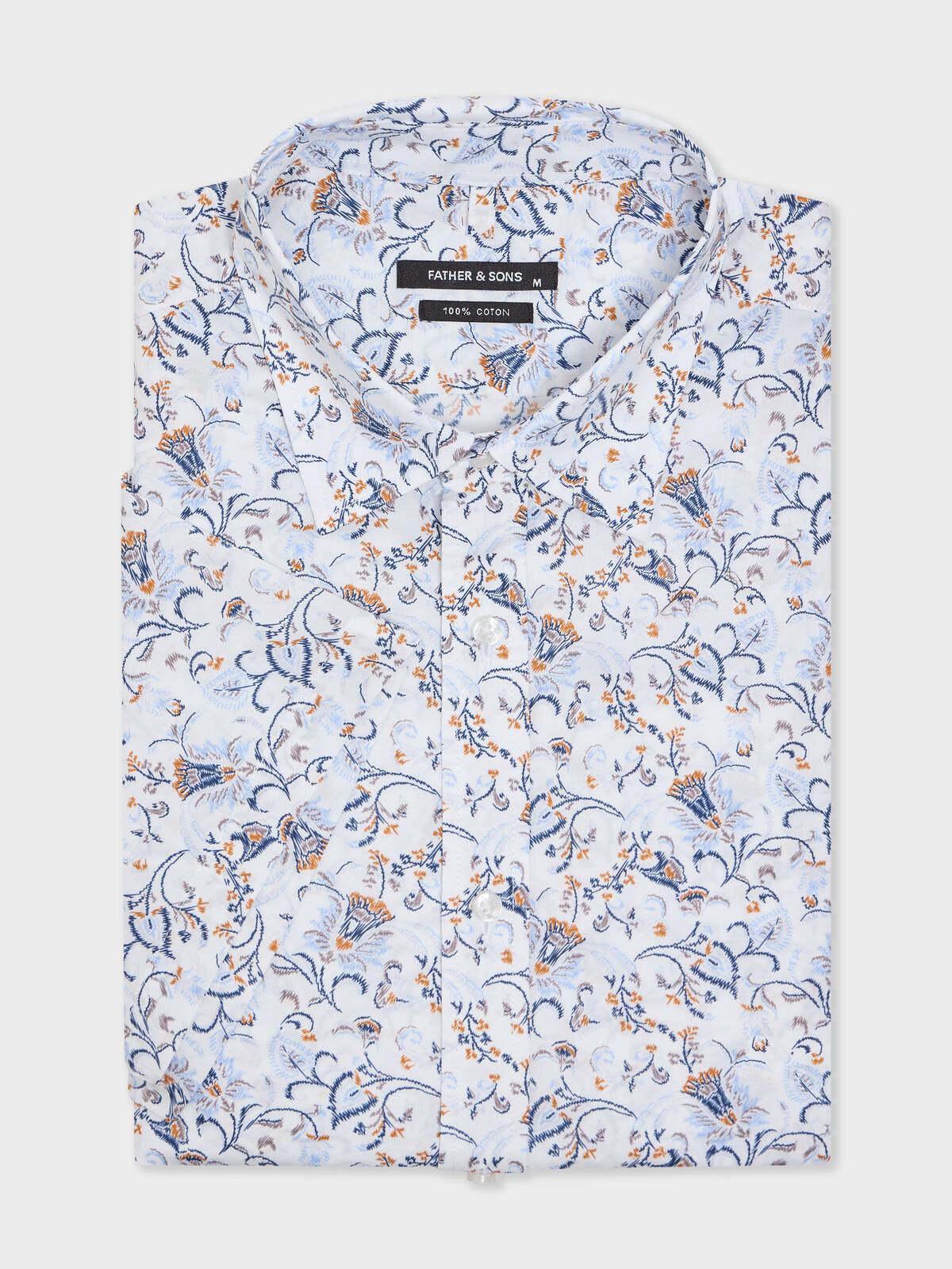 Chemise Manches Courtes Regular En Popeline De Coton Motif Fleuri Bleu