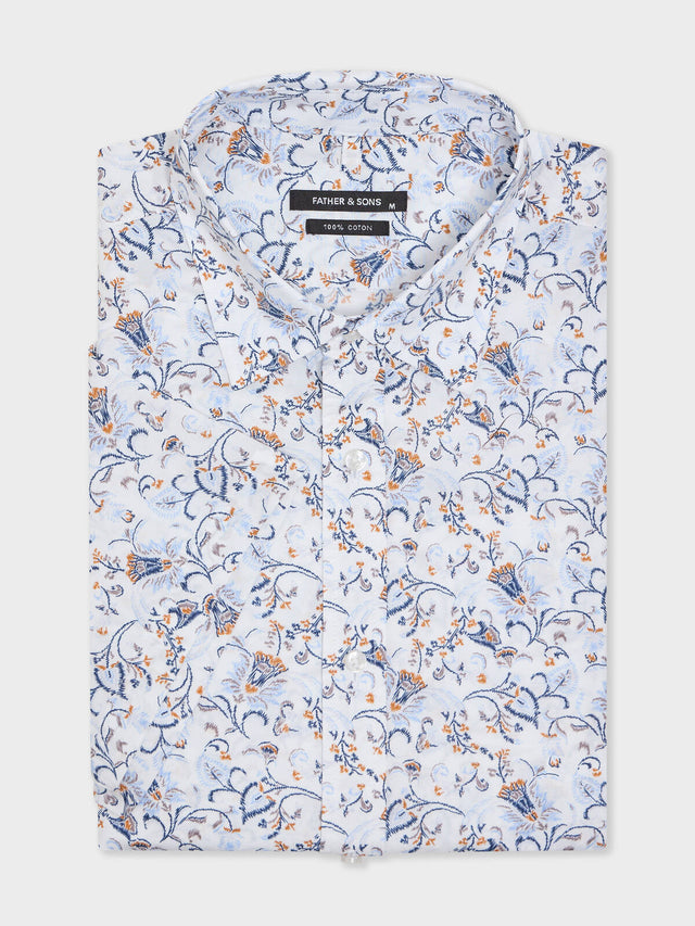 Chemise manches courtes regular en popeline de coton à motif fleuri bleu