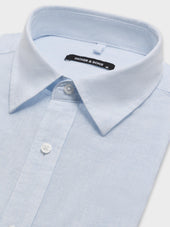 Chemise Manches Courtes Regular En Popeline De Lin Et Coton Bleu Ciel Rayures