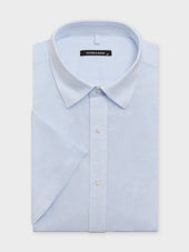 Chemise manches courtes regular en popeline de lin et coton bleu ciel à rayures