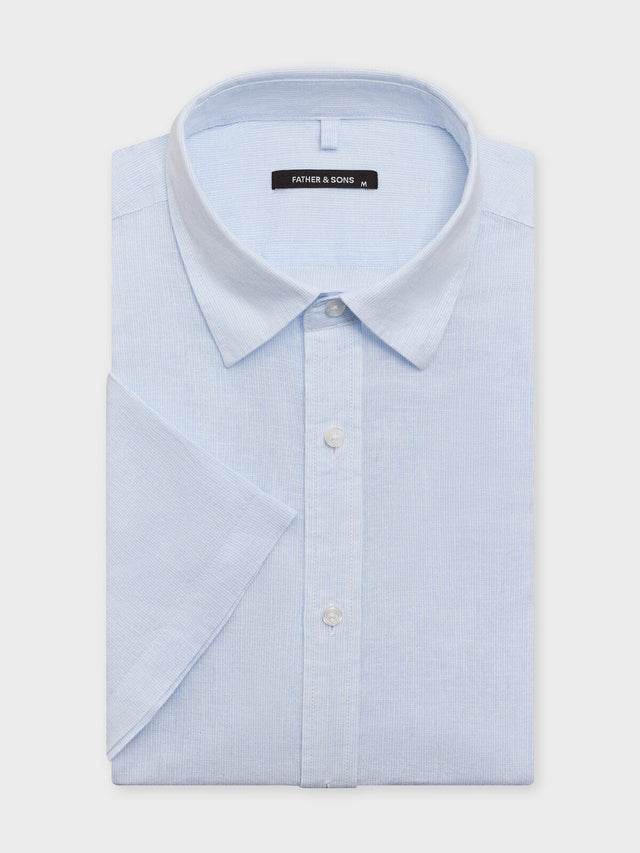Chemise manches courtes regular en popeline de lin et coton bleu ciel à rayures