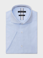 Chemise manches courtes Slim en coton façonné bleu ciel à rayures