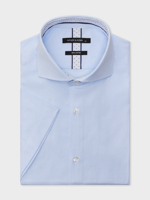Chemise manches courtes Slim en coton façonné bleu ciel à rayures