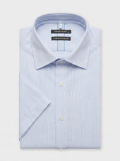 Chemise manches courtes regular en popeline de coton à rayures bleu ciel