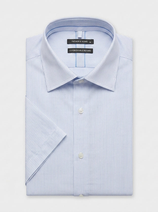 Chemise manches courtes regular en popeline de coton à rayures bleu ciel