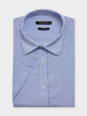 Chemise manches courtes regular en popeline de coton bleu indigo à rayures