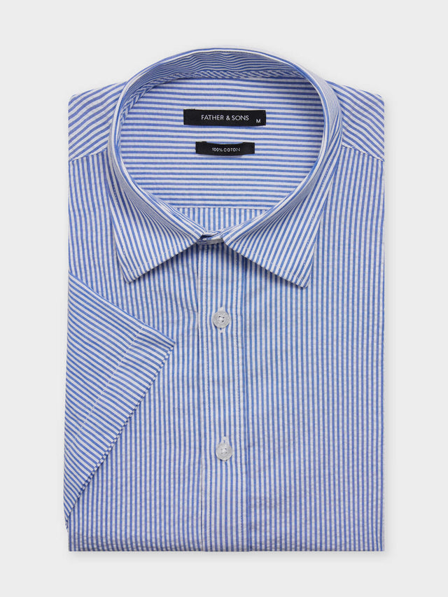 Chemise manches courtes regular en popeline de coton bleu indigo à rayures