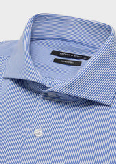 Chemise Manches Courtes Slim En Coton Jacquard Blanc Rayures Bleu Classique