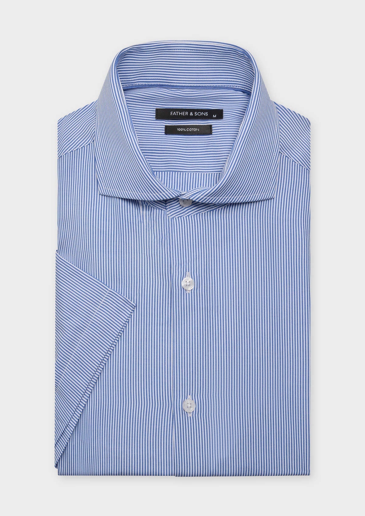 Chemise Manches Courtes Slim En Coton Jacquard Blanc Rayures Bleu Classique